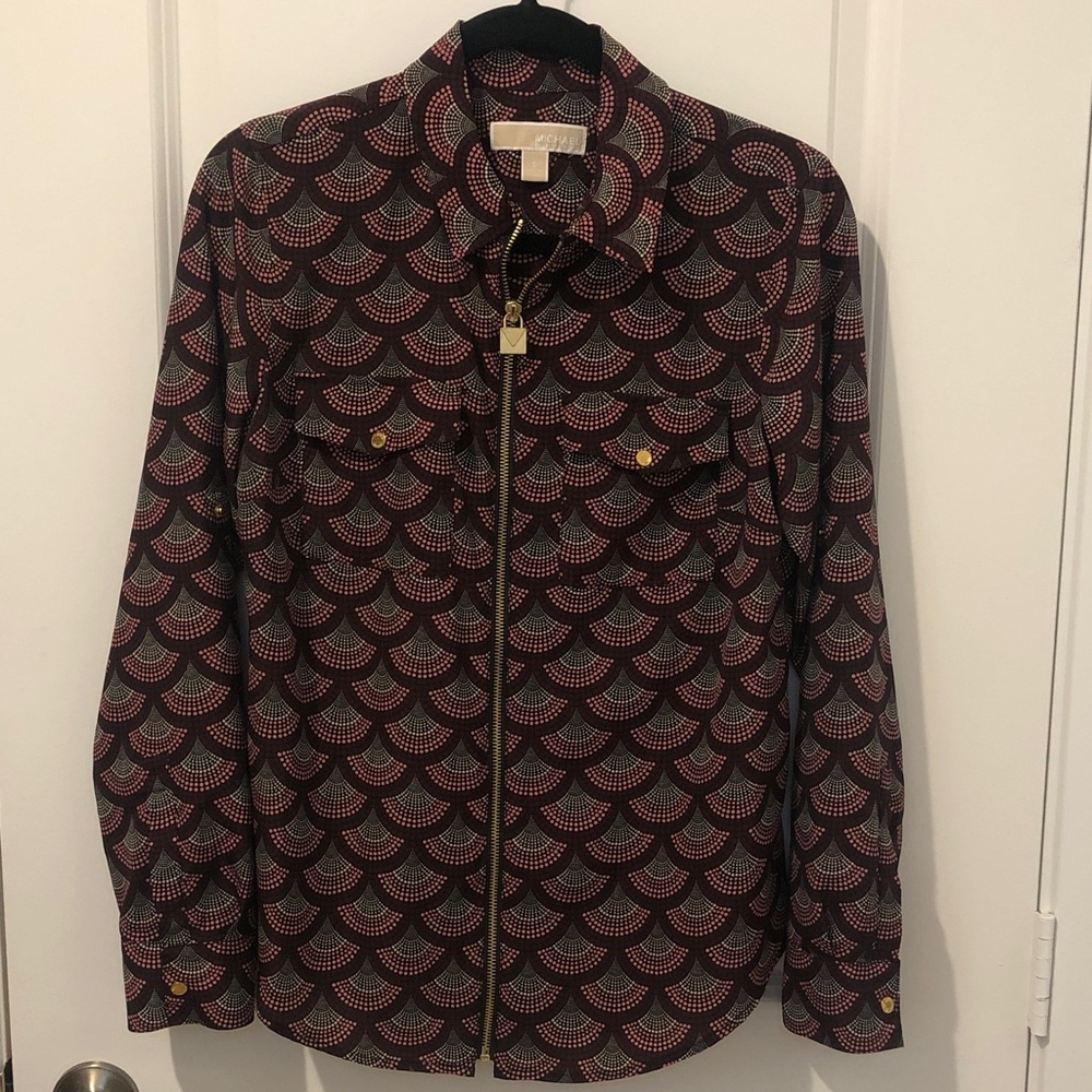 MICHAEL Michael Kors Maroon and Black Scallop-Print Zip Front Jacket